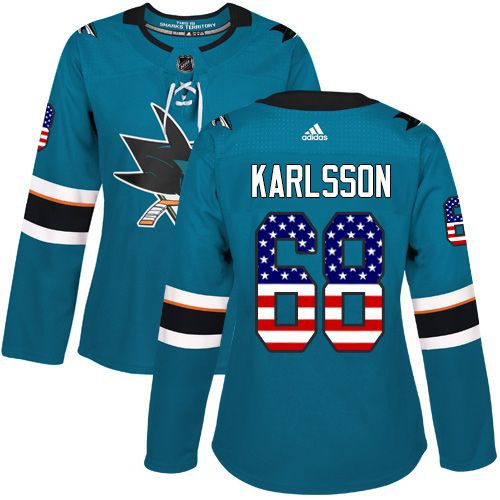 Adidas Sharks #68 Melker Karlsson Teal Home Authentic USA Flag Women's Stitched NHL Jersey - Click Image to Close